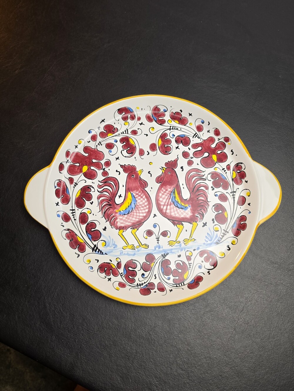 Deruta Italy Red Rooster 12" Cake Plate Platter with Handles Hand Painted